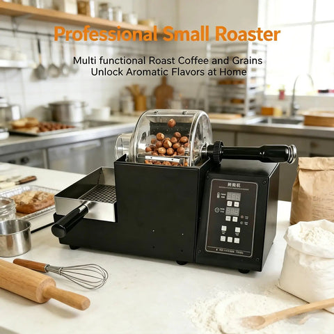 Top Shelf Electric Coffee Bean Roaster With Smooth Drum Rotation And No Sweat Temp Control Featuring Smart Timer And Built In Thermometer To Roast Nuts And Spices For Your Chill Home Brewing Setup on kitchen countertop.