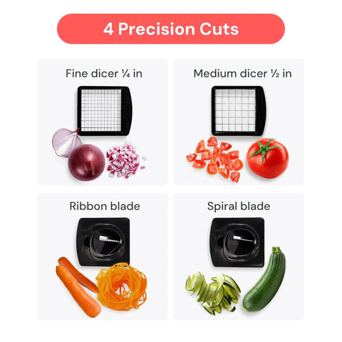 4 Precision Cuts of Must Have All In One Veggie Chopper With Spiralizer And Bowl Time Saving Food Chopper With Container Fruit Cutter