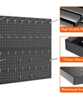Heavy Duty Metal Pegboard Wall Organizer for Garage and Workshop 24 By 24 Inch Or 12 By 48 Inch Panels 70 Piece Tool Storage Pegboard Set With Hooks for Workbench Black with reinforced corners and hooks visible