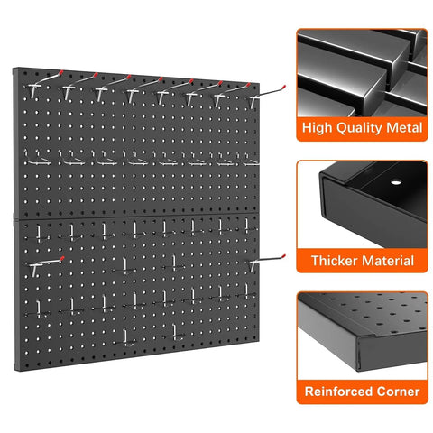 Heavy Duty Metal Pegboard Wall Organizer for Garage and Workshop 24 By 24 Inch Or 12 By 48 Inch Panels 70 Piece Tool Storage Pegboard Set With Hooks for Workbench Black with reinforced corners and hooks visible