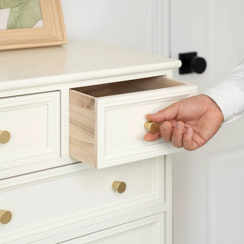 Gold Dresser Knobs Set Of 10 Small Gold Drawer Knobs For Cabinets And Furniture Easy Install With Included Screws One Inch And One And Three Quarter Inch Sleek Modern Hardware Upgrade For Dressers Cabinets Chests And Nightstands, gold knob on open white drawer