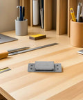 5-inch silver steel invisible concealed cabinet door hinge on a wooden desk for hidden closets and bookcases, heavy duty hardware
