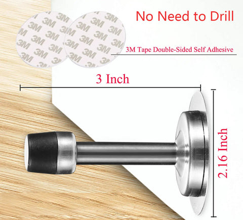 Zero Hassle Wall Mount Door Stopper, Straight Up Self Adhesive Tape Or Screw Grip, Brushed Stainless Steel Frame With Thick Rubber Bumper, Pack Of 2 Sweet Wall Protectors For Any Interior Door, showing dimensions and adhesive details.