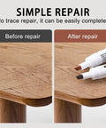 Easy Peasy Furniture Markers And Wood Scratch Repair Pens With No Sweat Color Match Swatch Card For Scuffed Floors Desks Tables Helping Surfaces Look Fresh Again In Brown Reddish Chestnut, comparison of scratched wood before and after using repair pens.