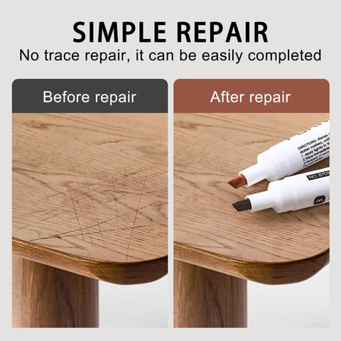 Easy Peasy Furniture Markers And Wood Scratch Repair Pens With No Sweat Color Match Swatch Card For Scuffed Floors Desks Tables Helping Surfaces Look Fresh Again In Brown Reddish Chestnut, comparison of scratched wood before and after using repair pens.