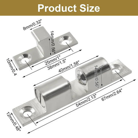 Stylish Solid Brass Cabinet Latches With Adjustable Ball Tension And Double Roller Catch Design For Closet Doors And Furniture, Easy Install Silver 4 Pack Kit dimensions and measurements shown.