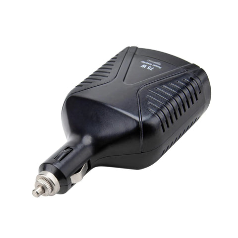 Keep Your Rig Fully Loaded With This 75w Portable Car Power Inverter transforming 12v DC to 110v AC, compact black design.