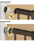 Extra Wide Baby Gate For Stairs And Doorways Fits 27 To 43 Inches With Walk Through 21 Inch Opening 30 Inch Tall Auto Close Safety Gate For Dogs Includes Extenders And Hardware Mount Kit Black showing hardware and pressure mounting options.
