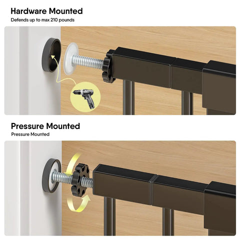 Extra Wide Baby Gate For Stairs And Doorways Fits 27 To 43 Inches With Walk Through 21 Inch Opening 30 Inch Tall Auto Close Safety Gate For Dogs Includes Extenders And Hardware Mount Kit Black showing hardware and pressure mounting options.