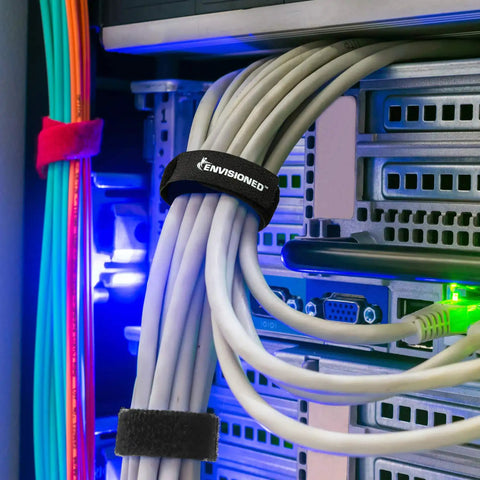 Fire Retardant Reusable Cable Ties Roll Cut To Length Half Inch Wide Heat Resistant Ties For Cable Management 16 Feet Long Black Tough Durable Organizer For Home Office Rack Camping And More securing cables in a server rack with bright LED lighting.