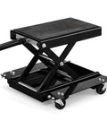 Side view of 1100 Lb Motorcycle Scissor Lift Jack with Dolly, heavy-duty center stand with wide deck, ratchet, and crank.