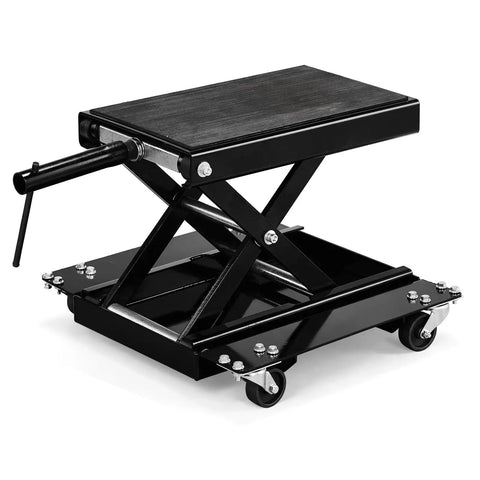 Side view of 1100 Lb Motorcycle Scissor Lift Jack with Dolly, heavy-duty center stand with wide deck, ratchet, and crank.
