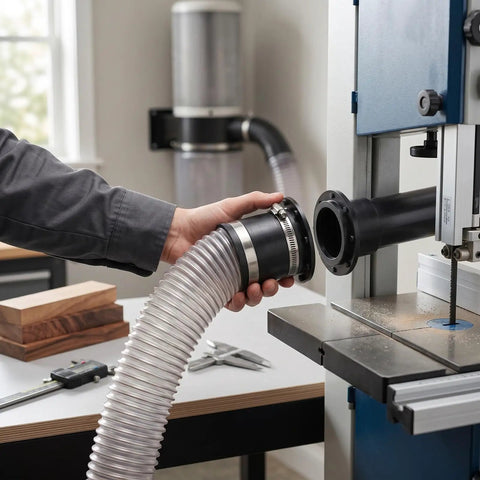 Upgrade Your Woodshop With This Snazzy 4 Inch Magnetic Dust Collection Connector, four inch hose connecting to a tool.