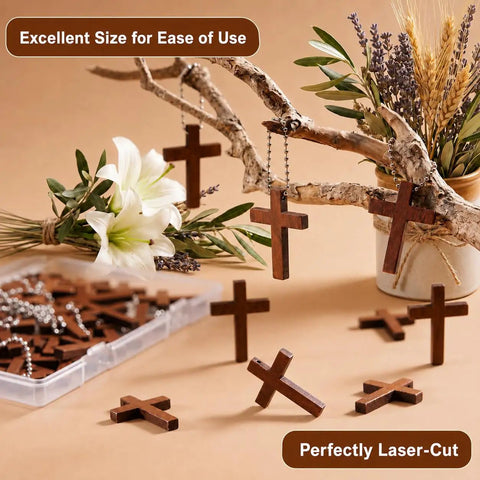 Hella Sturdy Wooden Cross Charms Bulk Pack Of Sixty Pocket Size Beads With Pre Drilled Hole For DIY Necklace Projects And Religious Craft Supplies Top shelf quality wooden cross charms in natural finish and pocket size.