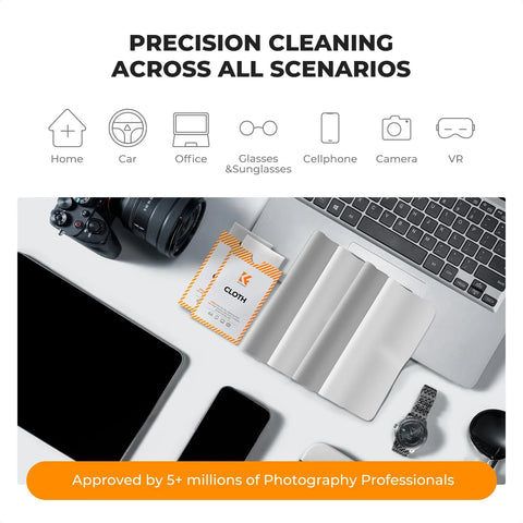 K&F Concept 6-pack microfiber lens cleaning cloths, white and gray, shown with camera gear and laptop