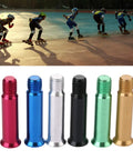 Colorful inline skate axle screws with skaters in the background, featuring eight pack inline skate axle screws for wheel fastening.