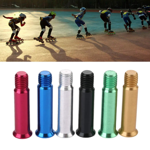 Colorful inline skate axle screws with skaters in the background, featuring eight pack inline skate axle screws for wheel fastening.