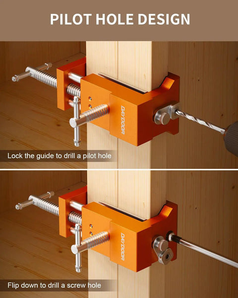 Rock Solid Face Frame Cabinet Clamps Featuring Integrated Drill Guide For Dead Center Pilot Holes And No Sweat Screw Driving Dependable Two Pack Woodworking Kit demonstrating pilot hole design and clamp usage.