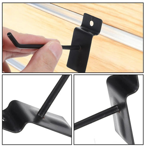 10 Pack 4 Inch J Shaped Slat Wall Hooks For Slatwall Panels, Heavy Duty Garage Shop Display Hooks, Black Finish, Durable Iron Construction For Retail Displays And Organization, close-up of hook installation on panel