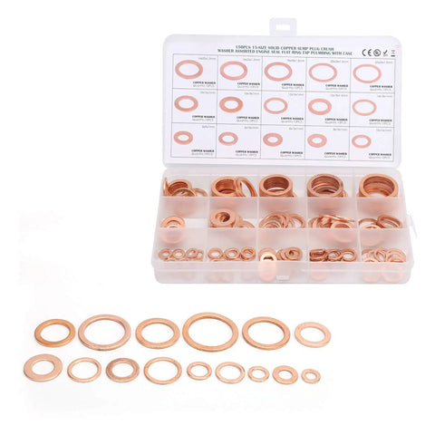 Solid 150 Pack Red Copper Gasket Washers M5 To M22 Perfect For Car Sealing Jobs Oil Water Fuel Hydraulic Connections That Keep You From Leaking Or Stressing No More Drips Just Quality Seals That Last! copper washer assortment in case