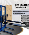 Semi Electric Pallet Stacker With Remote Control 1500 Lbs Heavy Duty Hydraulic Hand Truck positioned near stacked boxes for loading.