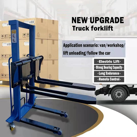 Semi Electric Pallet Stacker With Remote Control 1500 Lbs Heavy Duty Hydraulic Hand Truck positioned near stacked boxes for loading.