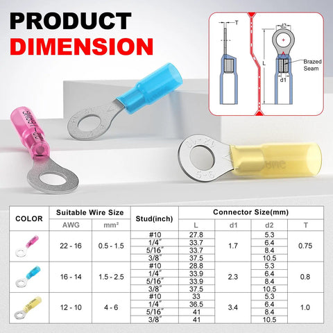 Marine Heat Shrink Ring Terminal Kit For 16-14 AWG Wires with 1/4, 5/16, 3/8 inch studs and color-coded connectors.