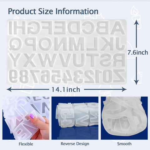 Product dimension details of the Backward Alphabet Molds Starter Kit With 206 Silicone Resin Molds For Epoxy Jewelry Making And Keychains Beginner Friendly Craft Set Includes Accessories For Easy Casting And DIY Projects. Flexible and reverse design showcased.