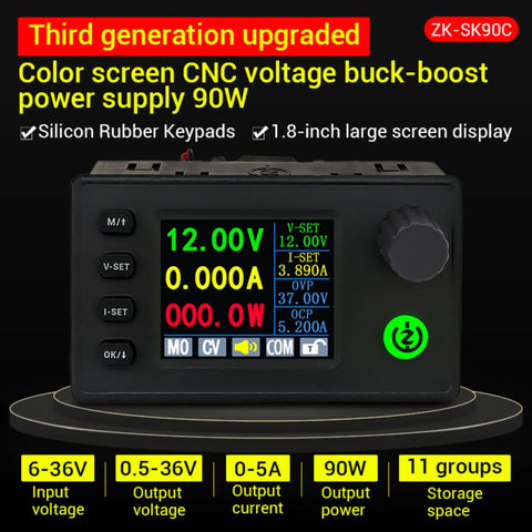 Color Display 90W DC-DC Buck Boost Power Converter CC CV 0.5-36V Adjustable Output 0-5A Regulated Lab Grade Power Supply Module