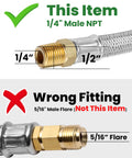 15 Inch RV Propane Hose With Gauge Stainless Steel Camper Heavy Duty Gas Hose For RV Two Stage Regulator 1 Quarter Inch Male NPT And QCC1 Fittings 350 PSI Two Pack showing correct 1/4" NPT fitting and wrong 5/16” male flare fitting.