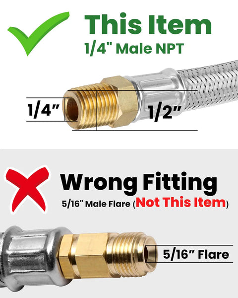 15 Inch RV Propane Hose With Gauge Stainless Steel Camper Heavy Duty Gas Hose For RV Two Stage Regulator 1 Quarter Inch Male NPT And QCC1 Fittings 350 PSI Two Pack showing correct 1/4" NPT fitting and wrong 5/16” male flare fitting.