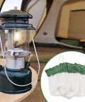 10 Pack U Shaped Lantern Mantles for Propane Lamps shown with a camping lantern next to tent setup