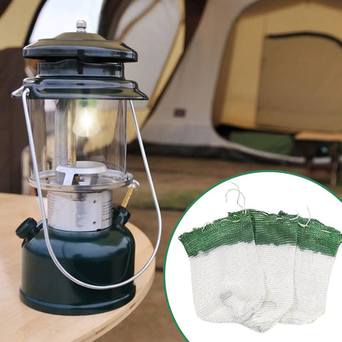 10 Pack U Shaped Lantern Mantles for Propane Lamps shown with a camping lantern next to tent setup