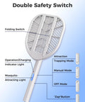 Foldable Electric Fly Swatter Racket With 4000V High Voltage, 1500mAh Rechargeable Battery, Dual Modes, Blue Light, Hands Free Auto Zapper, showing double safety switch and functions, front view.