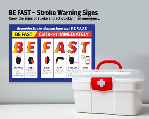 BE FAST Stroke Warning Signs Poster above first aid kit, laminated 12x18, safety sign for workplace, school, clinic, made in USA.