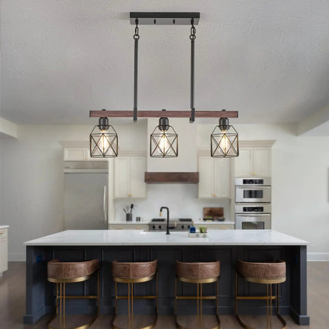 Three Light Vintage Industrial Pendant With Walnut Finish And Matte Black Frame Adjustable Hanging Light installed over kitchen island.