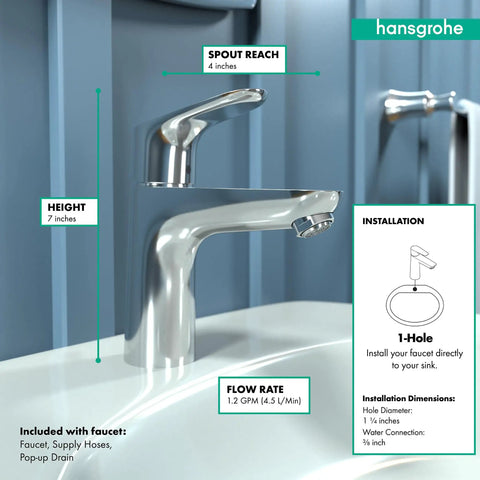Focus Modern Upgrade 1-Handle 7-Inch Tall Bathroom Sink Faucet In Chrome With Slick Easy Clean Finish, Ceramic Mixing System