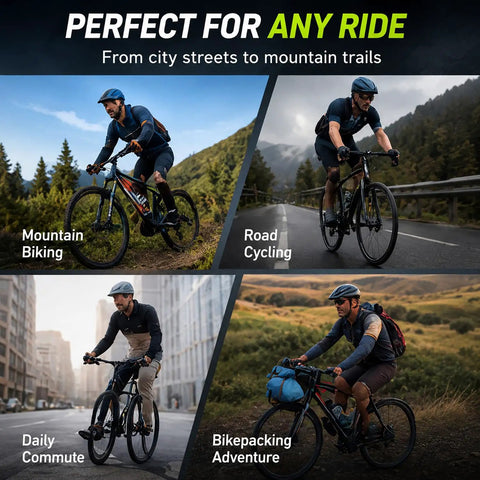 Cyclists on various terrains using Waterproof Bike Handlebar Bag Front Mount With Dual Zippers Storage Pouch for commuting and rides.