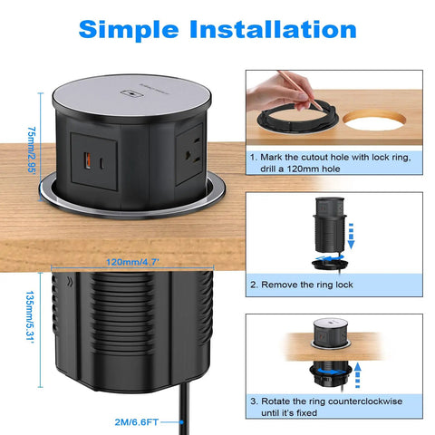 Pop Up Countertop Power Outlet With 20W USB C Fast Charge Hidden Recessed Socket installation guide with size details