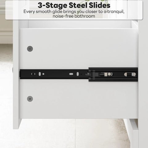 3-Stage steel slides for Modern 36 Inch Bathroom Vanity With Integrated Sink And Effortless Soft Close Drawers White Engineered Wood Cabinet.
