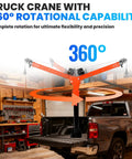 Beefy Electric Pickup Truck Crane With 1800 Lbs Lift Folding Truck Bed Crane And 2500 Lbs 12V Winch in garage, 360-degree swivel