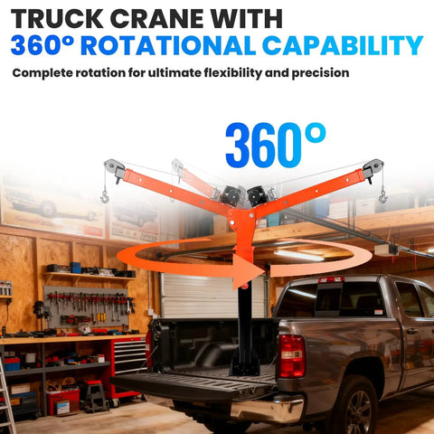 Beefy Electric Pickup Truck Crane With 1800 Lbs Lift Folding Truck Bed Crane And 2500 Lbs 12V Winch in garage, 360-degree swivel