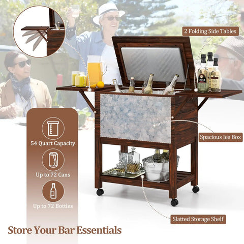 Wooden Patio Cooler Cart With 54 Quart Capacity Rolling Beverage Bar On Wheels With Bottle Opener Drain Plug And Locking Wheels Perfect For Poolside Backyards Parties And BBQs with 2 folding side tables and slatted storage shelf