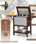 54-Quart Rolling Cooler Cart With Two Drop Leaf Tables Built In Bottle Opener Pine Wood Outdoor Beverage Cooler On Wheels Party Ready