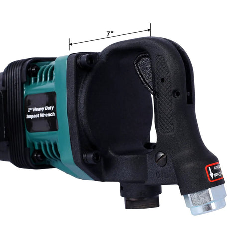 Boss Pneumatic Impact Wrench With Long Shank And Hella Big 38Mm 41Mm Sockets For Rig Repair And Garage Beatdowns Pro Mechanic Grade Tool handle and air inlet.