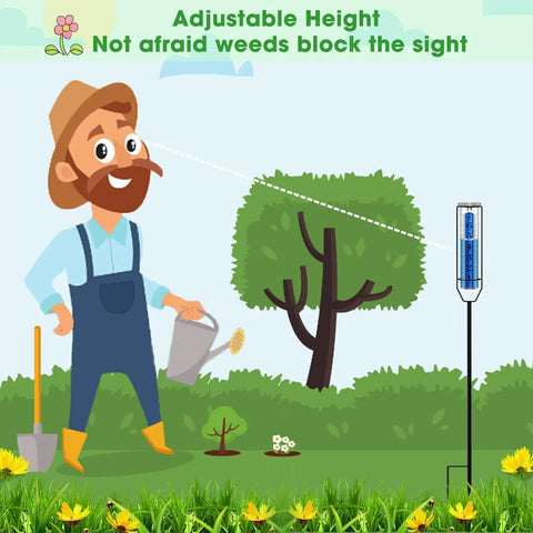 Cartoon garden scene with gardener and Beefed Up 7 Inch Rain Gauge For Outdoor Use With Freeze Proof Design left side view.
