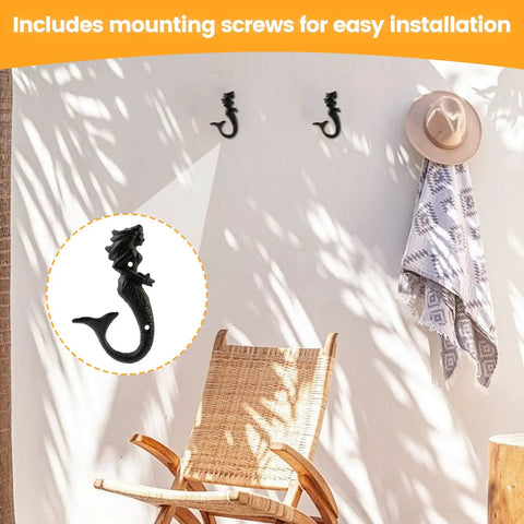 Hella Sturdy Mermaid Cast Iron Hooks, Rustic Black Wall Plant Hangers For Cozy Spaces, heavy duty decor mounted on wall.
