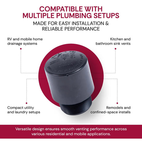 Kickass 1.5 Inch Male Threaded Air Admittance Valve For RV Secondary Venting with versatile design for multiple plumbing setups.