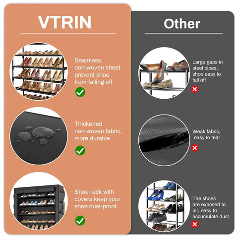 Comparison of VTRIN Tall 10 Tier Shoe Rack With Dustproof Cover Free Standing Storage and other racks showing durability and protection features.