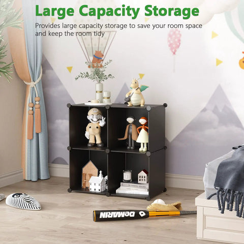 Four Cube Storage Organizer With Durable Plastic Modular Shelves, DIY book shelf displaying toys and books in living room corner